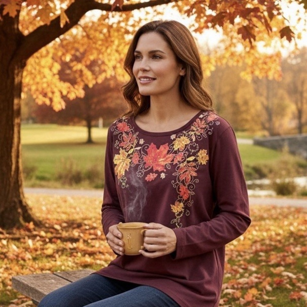 Collections ETC Women's X-Large Burgundy Autumn Leaves & Sequins 3/4 Sleeve Top